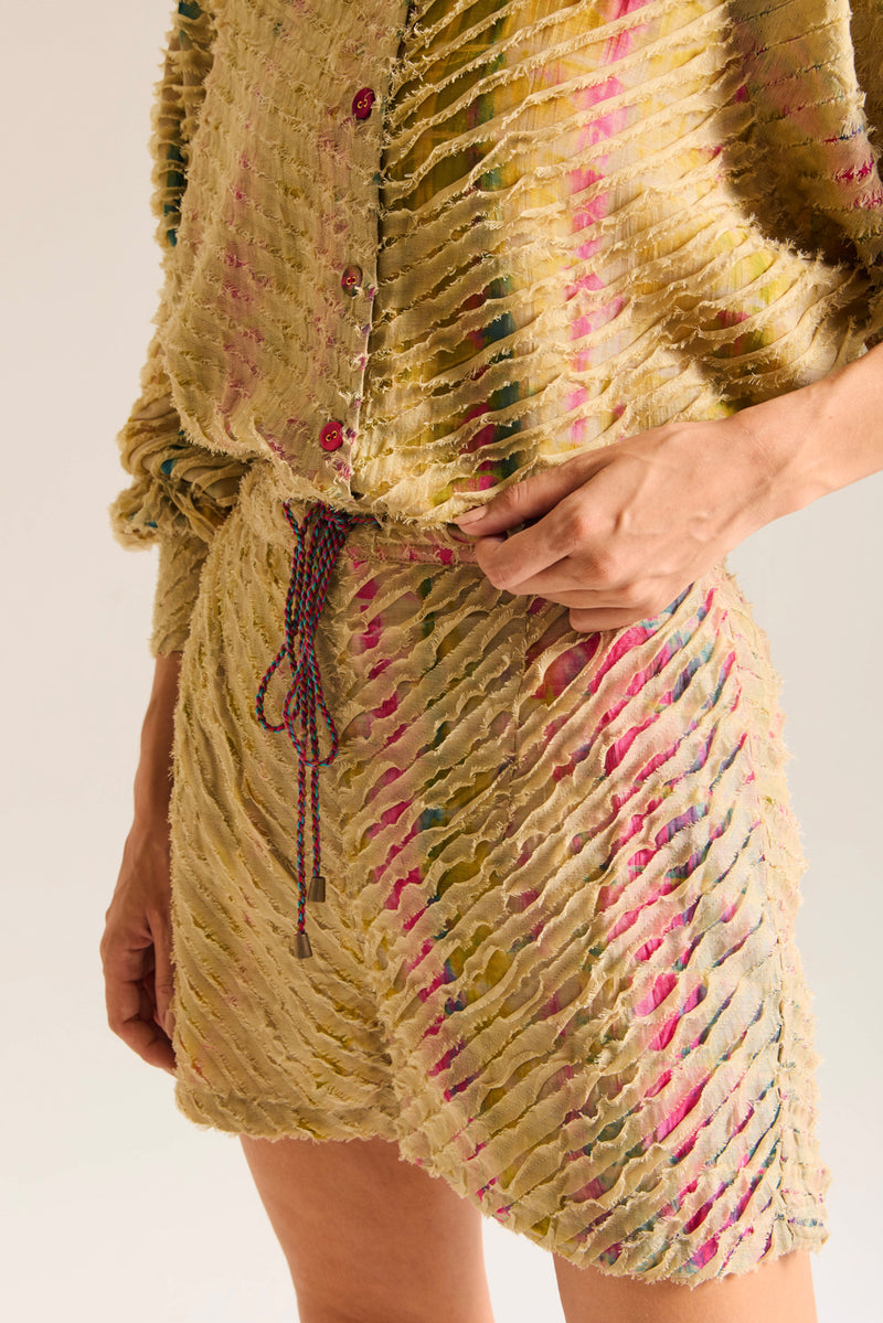 Petunia Short chanderi silk,cotton silk short by Capisvirleo in yellow for women Worldwide