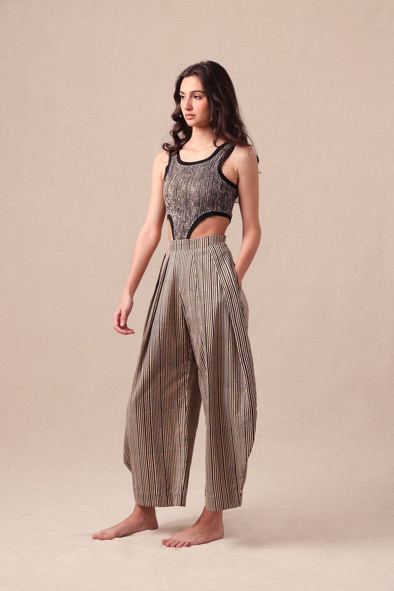 Charcoal Striped Bodysuit & Barrel Pants Co-Ord Set (2 PCS) cotton co-ord set by Mati in black for women Worldwide