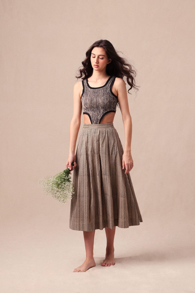 Charcoal Striped Bodysuit & Box Pleated Skirt Co-Ord Set (2 PCS) cotton co-ord set by Mati in black for women Worldwide