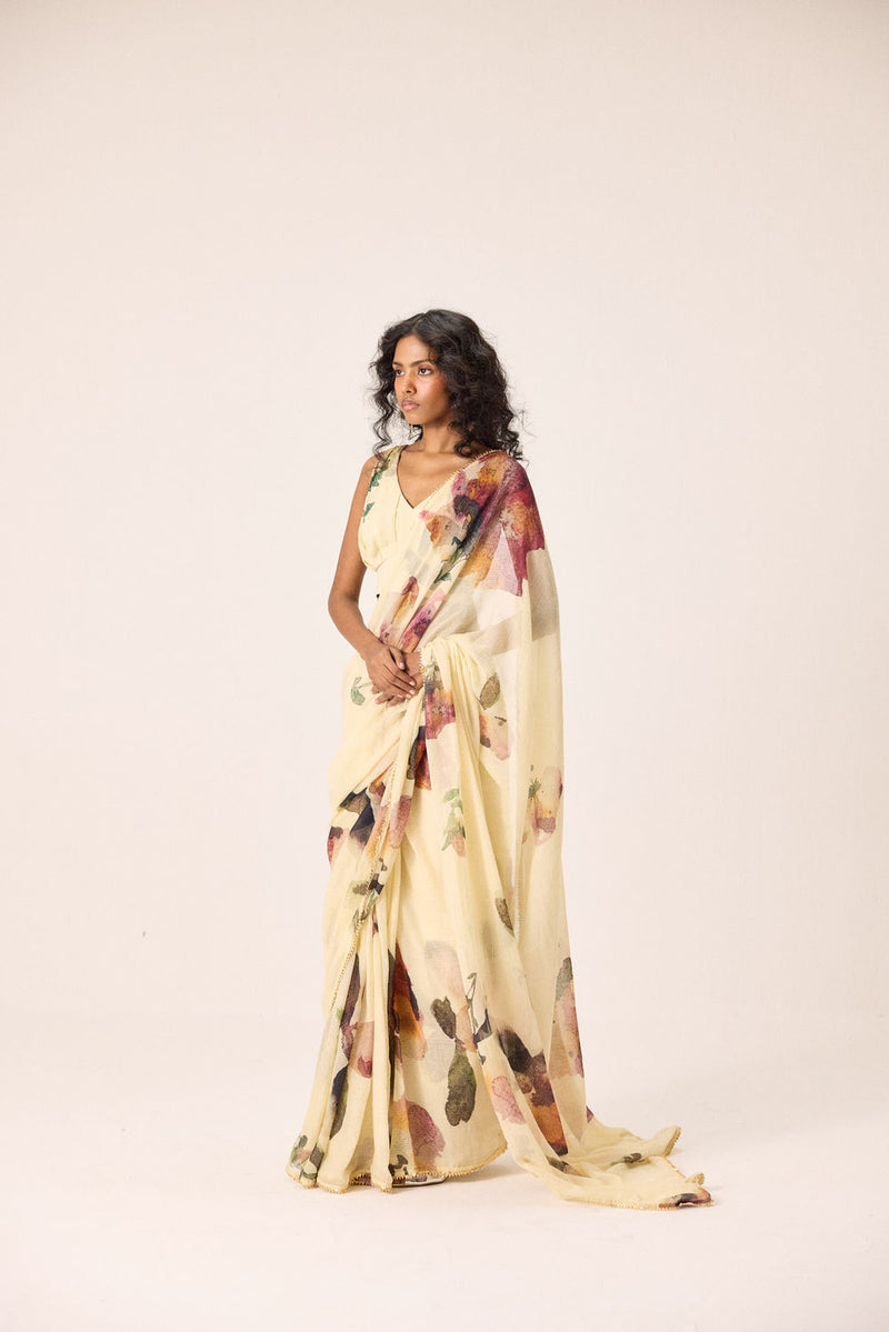 Soleil Saree Set kota doria & mul by Khara Kapas in yellow for women Worldwide