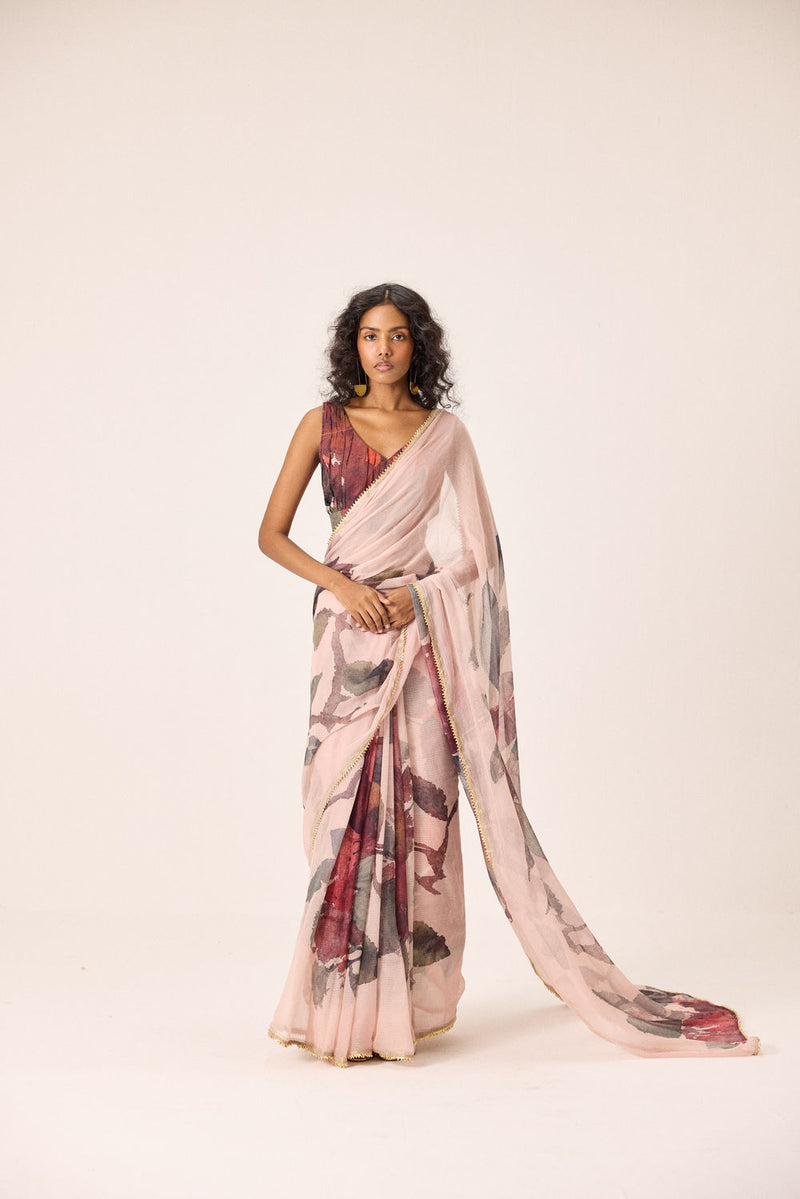 Ruya Saree Set kota doria & mul by Khara Kapas in pink for women Worldwide