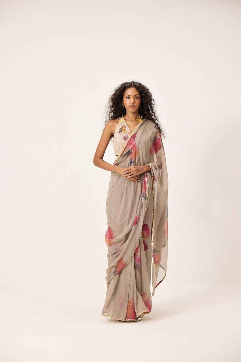 Elana Saree Set kota doria & mul by Khara Kapas in taupe for women Worldwide