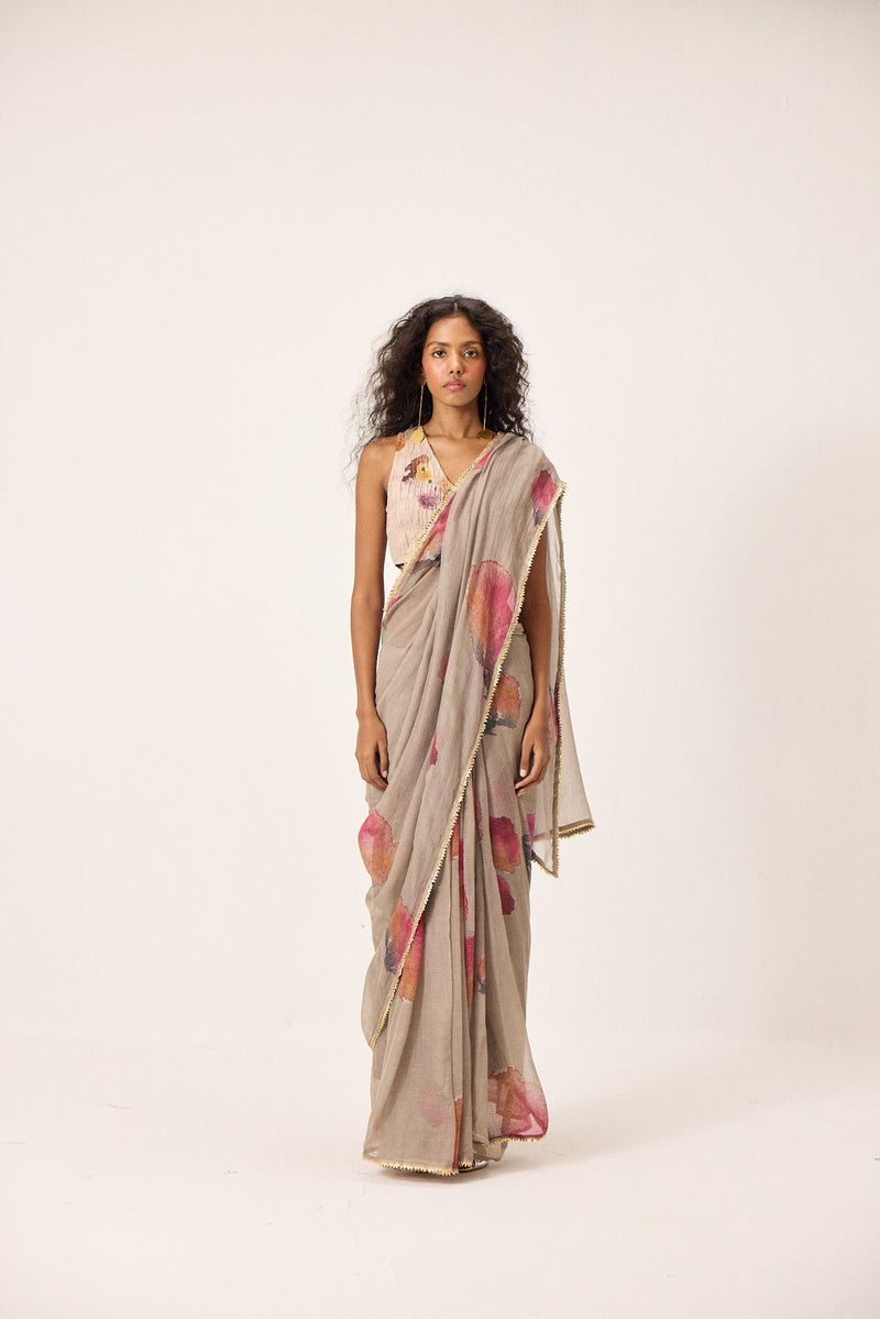 Elana Saree Set kota doria & mul by Khara Kapas in taupe for women Worldwide
