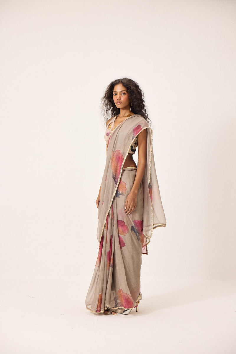 Elana Saree Set kota doria & mul by Khara Kapas in taupe for women Worldwide