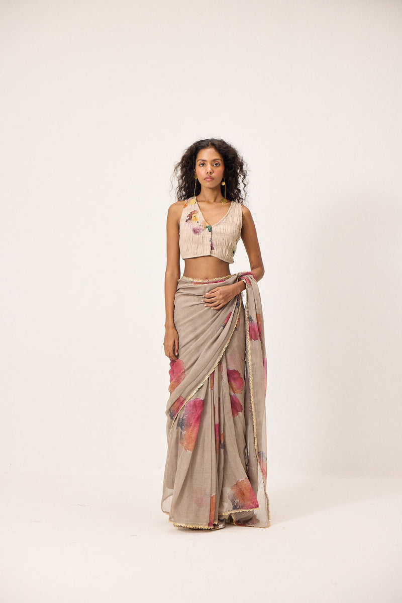 Elana Saree Set kota doria & mul by Khara Kapas in taupe for women Worldwide