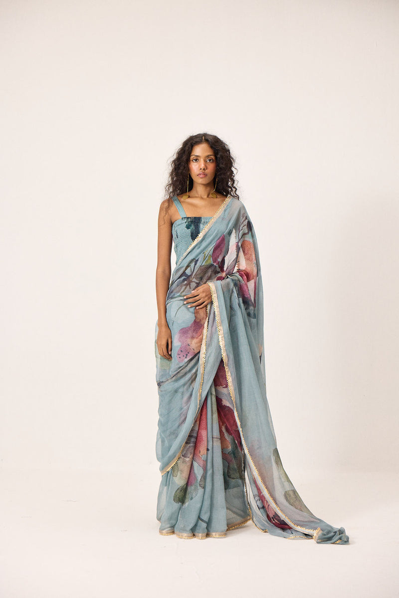 Feirosa Saree kota doria by Khara Kapas in blue for women Worldwide