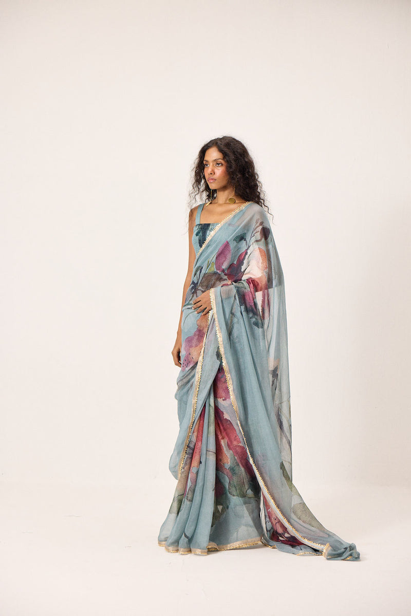 Feirosa Saree kota doria by Khara Kapas in blue for women Worldwide
