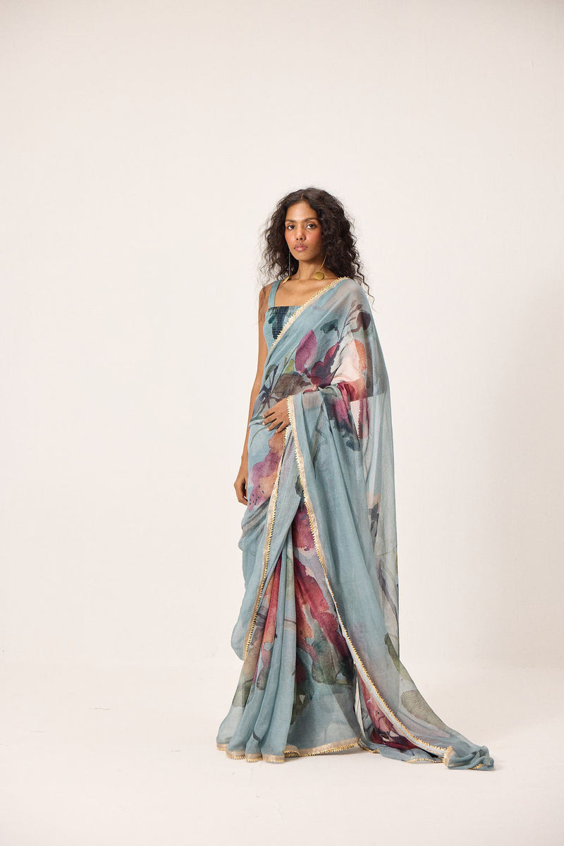 Feirosa Saree kota doria by Khara Kapas in blue for women Worldwide