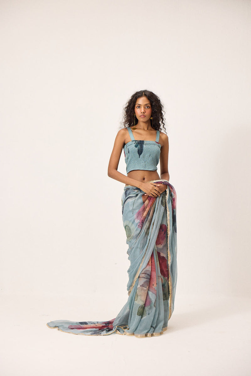 Feirosa Saree kota doria by Khara Kapas in blue for women Worldwide