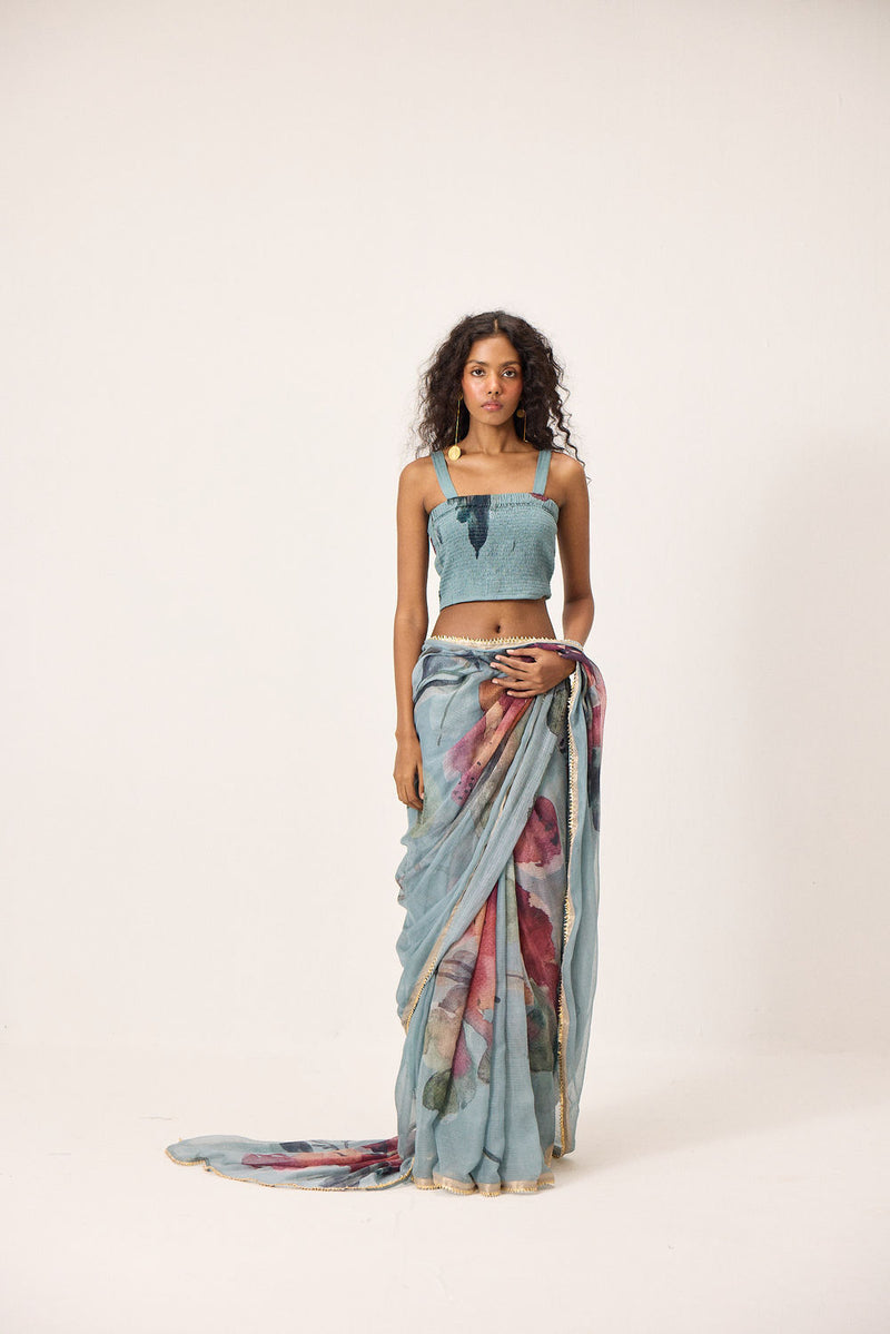 Feirosa Saree kota doria by Khara Kapas in blue for women Worldwide