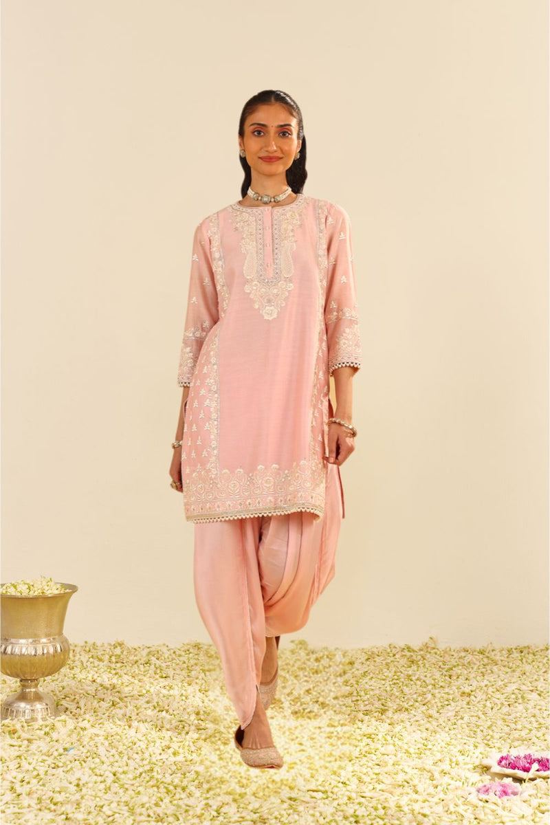 Zaisha - Short Kurta With Dhoti-Blush Pink silk by SHEETAL BATRA in blush color for women Worldwide
