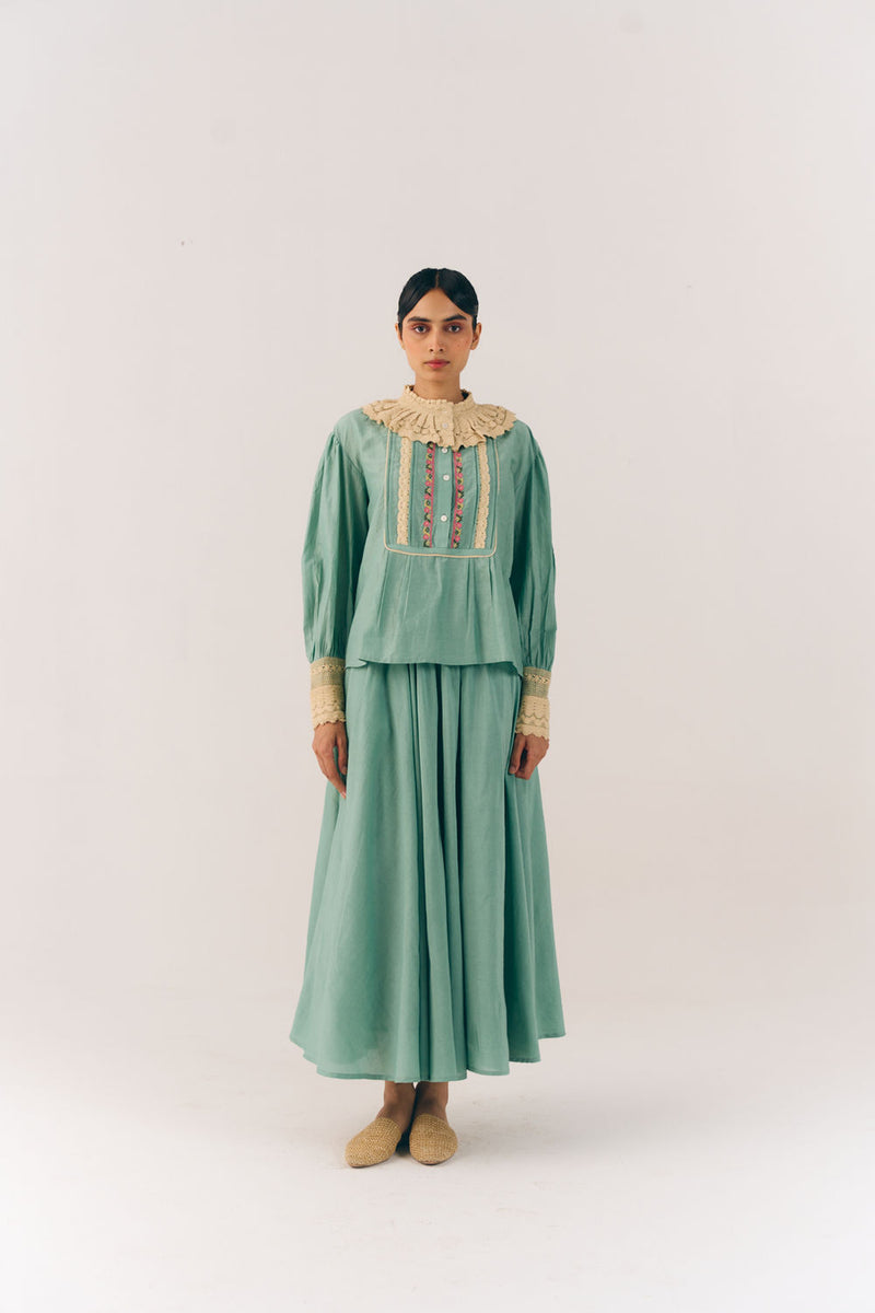 Audrey Top-Aqua Floret cotton silk top and shirts by CORD in multi-color for women Worldwide