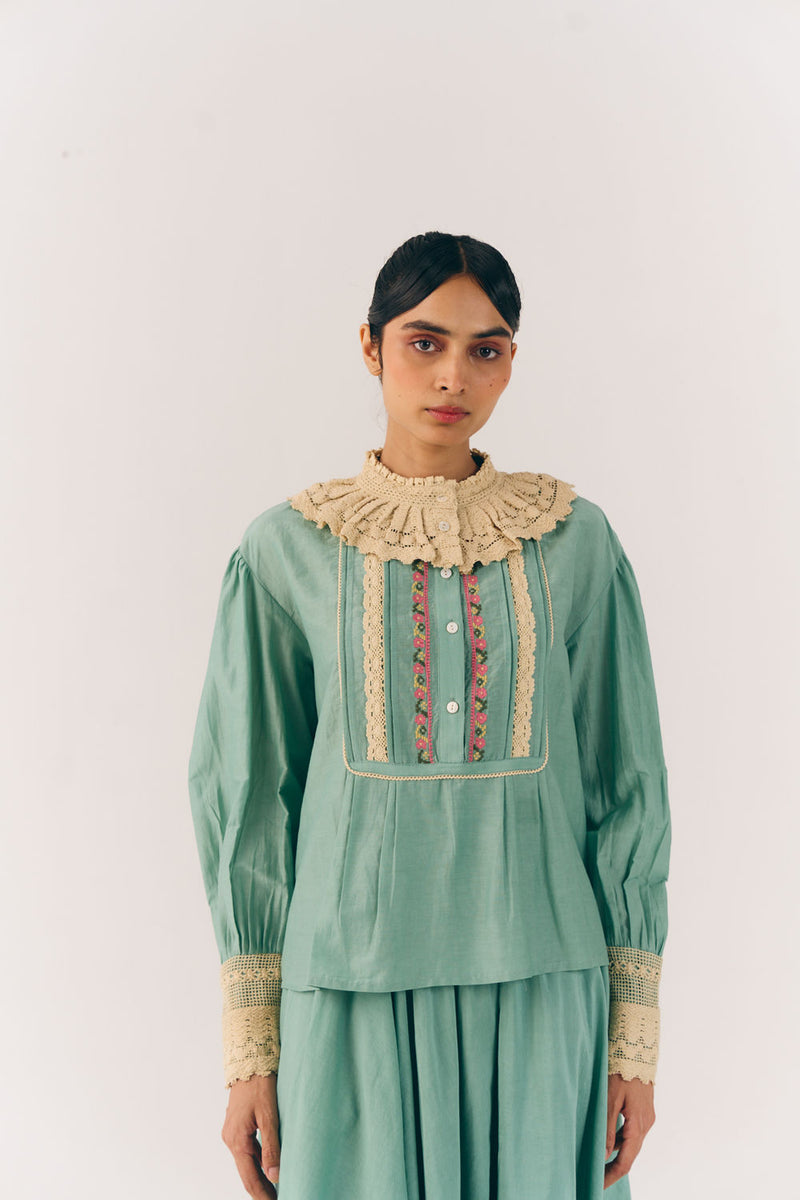 Audrey Top-Aqua Floret cotton silk top and shirts by CORD in multi-color for women Worldwide