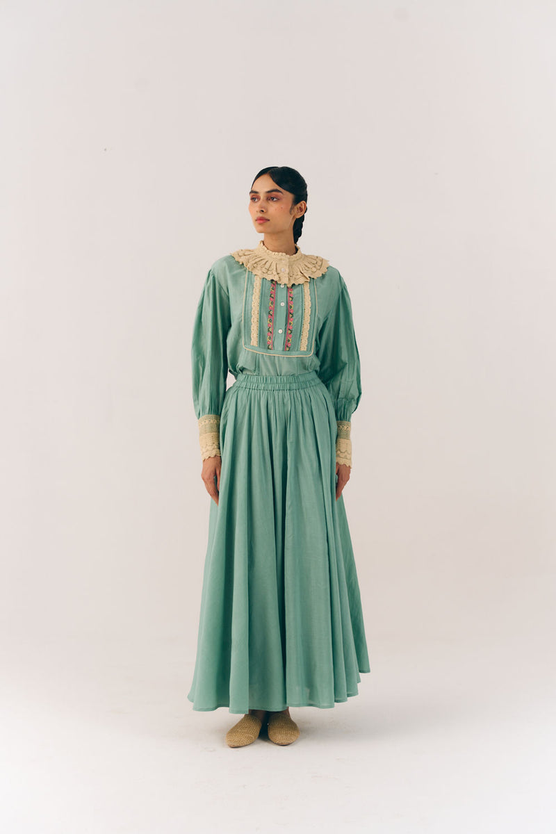 Umbrella Skirt-Aqua Floret cotton silk skirt by CORD in multi-color for women Worldwide
