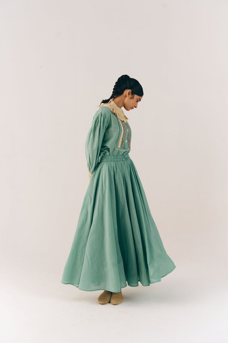 Umbrella Skirt-Aqua Floret cotton silk skirt by CORD in multi-color for women Worldwide