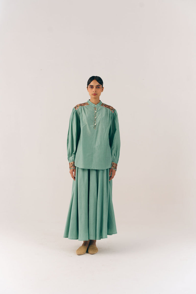 Peasent Top-Aqua Fleur cotton silk top and shirts by CORD in multi-color for women Worldwide