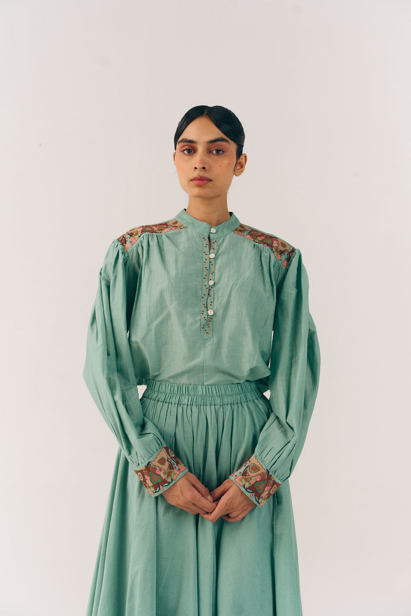 Peasent Top-Aqua Fleur cotton silk top and shirts by CORD in multi-color for women Worldwide