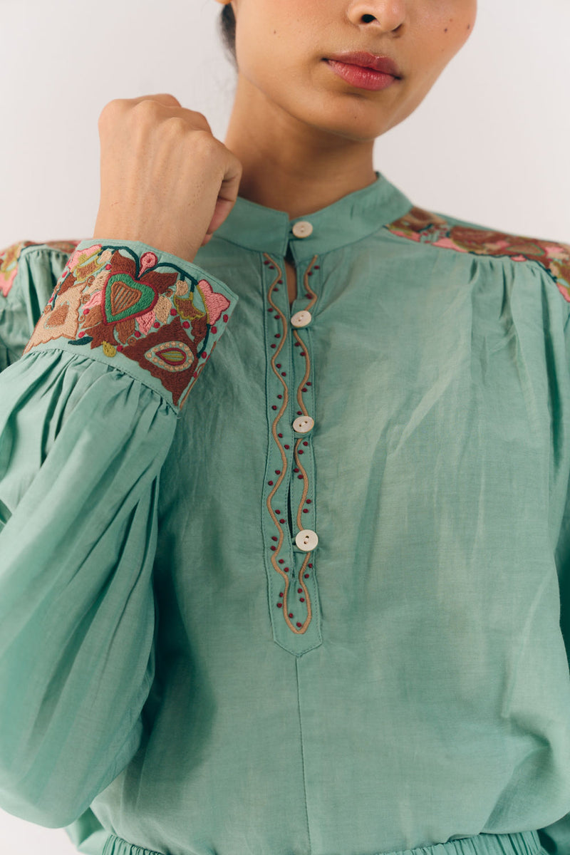 Peasent Top-Aqua Fleur cotton silk top and shirts by CORD in multi-color for women Worldwide