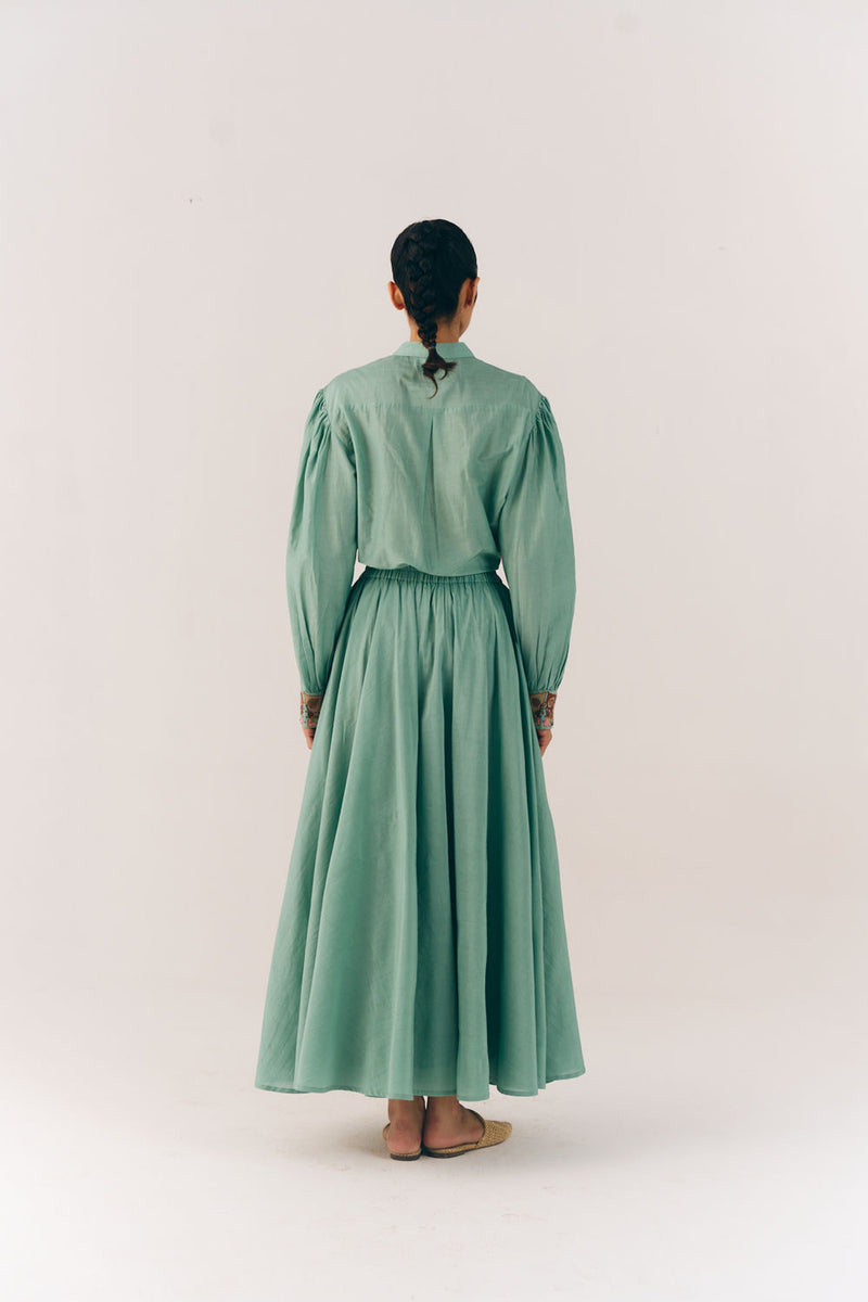 Umbrella Skirt-Aqua Floret cotton silk skirt by CORD in multi-color for women Worldwide