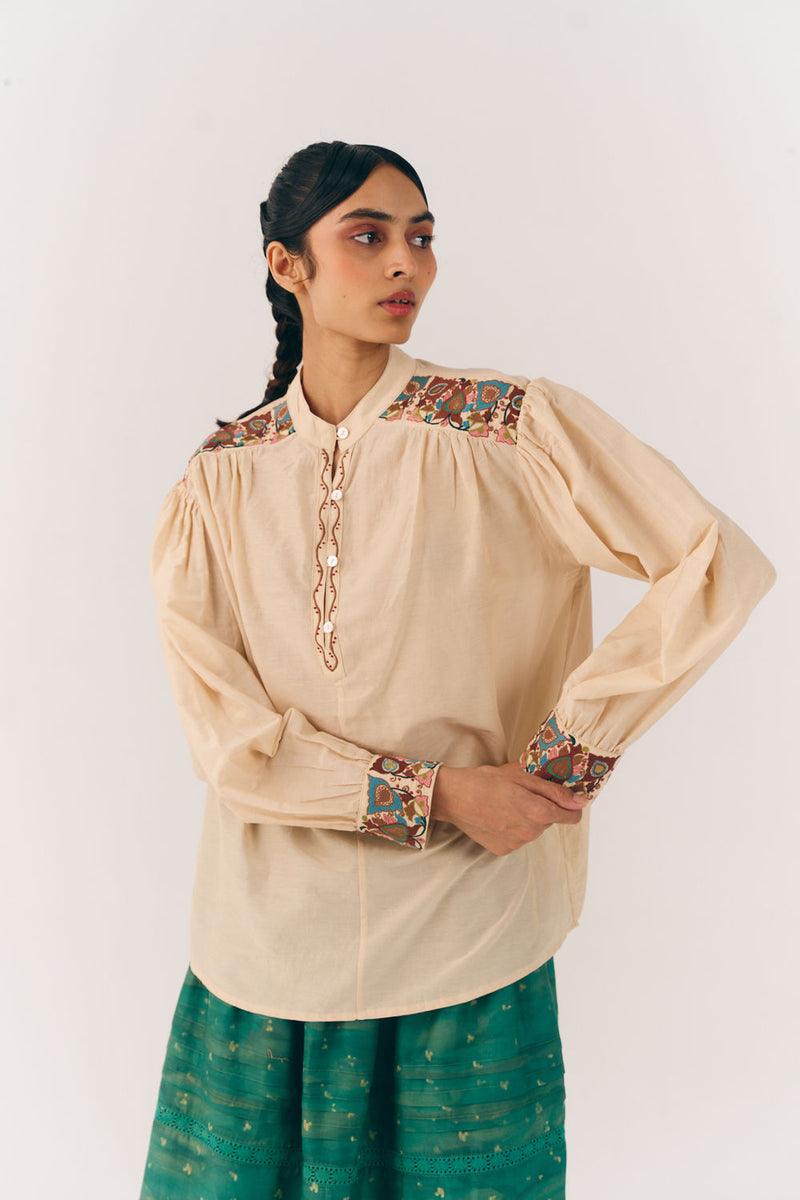Peasant Top-Ivory Fleur cotton silk top and shirts by CORD in multi-color for women Worldwide