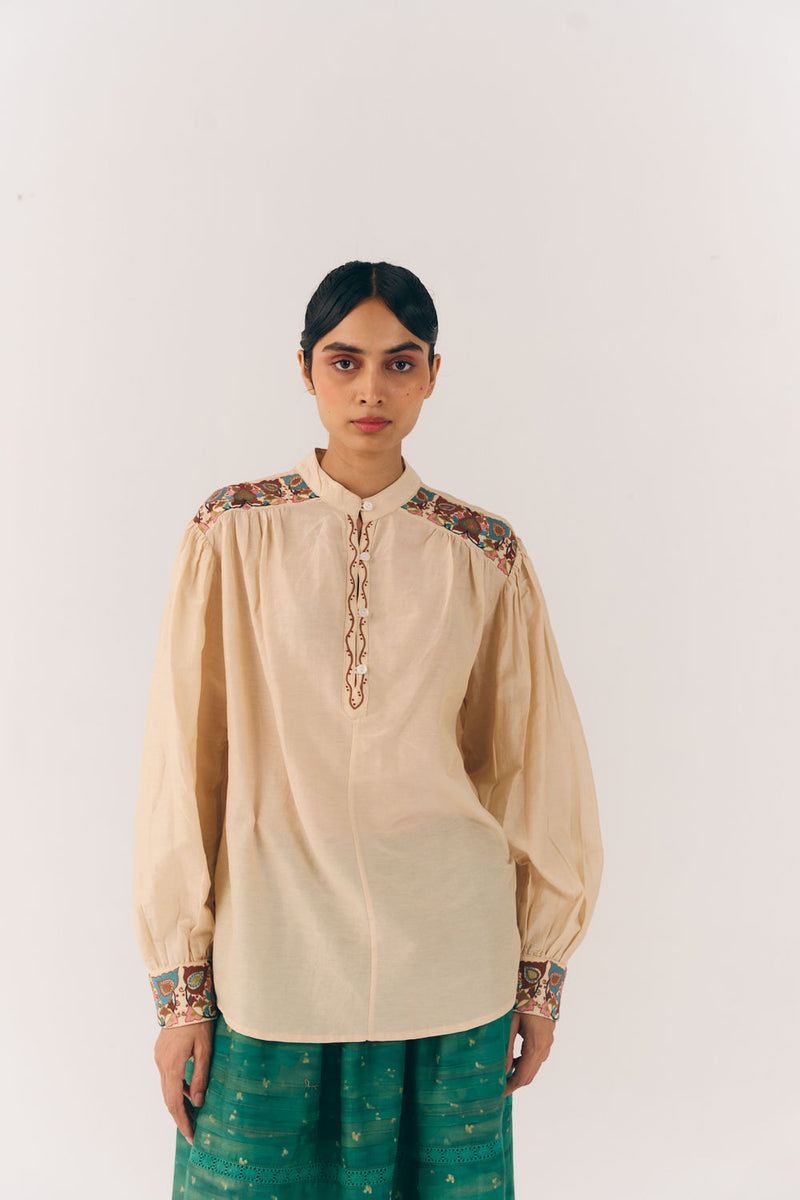 Peasant Top-Ivory Fleur cotton silk top and shirts by CORD in multi-color for women Worldwide