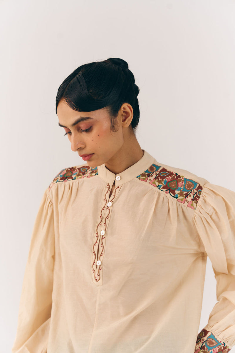 Peasant Top-Ivory Fleur cotton silk top and shirts by CORD in multi-color for women Worldwide