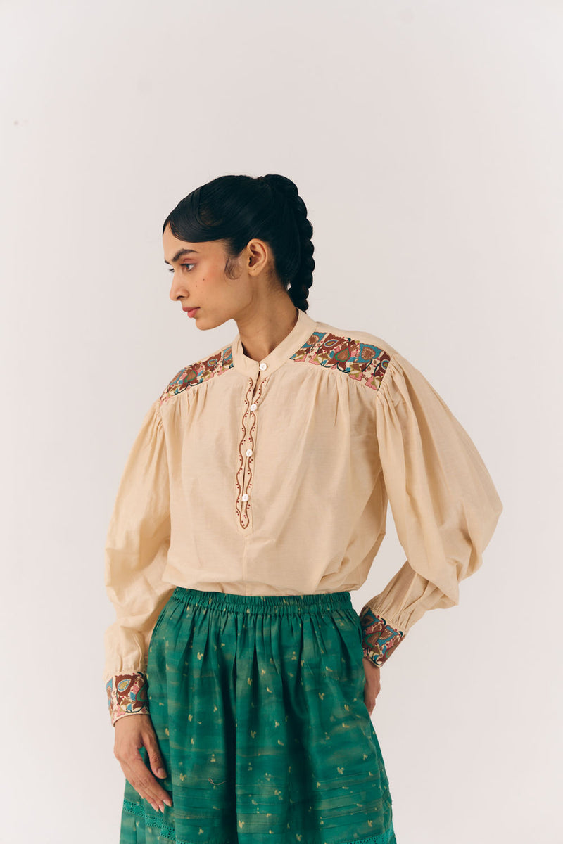 Peasant Top-Ivory Fleur cotton silk top and shirts by CORD in multi-color for women Worldwide