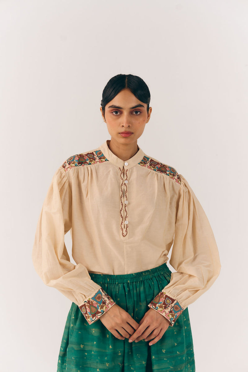 Peasant Top-Ivory Fleur cotton silk top and shirts by CORD in multi-color for women Worldwide
