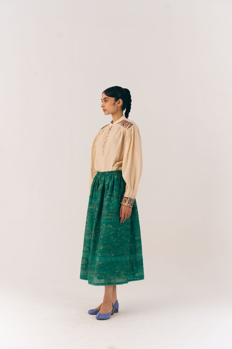 Emily Skirt-Green Tex cotton silk skirt by CORD in multi-color for women Worldwide