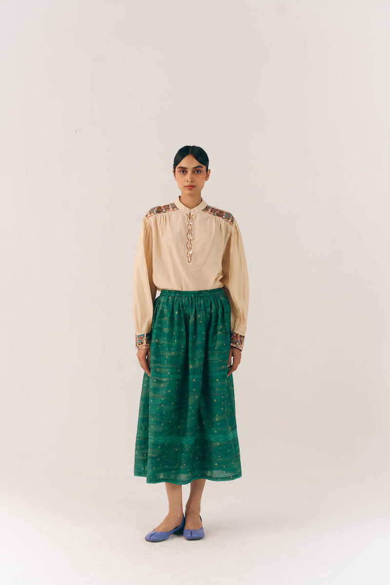 Emily Skirt-Green Tex cotton silk skirt by CORD in multi-color for women Worldwide