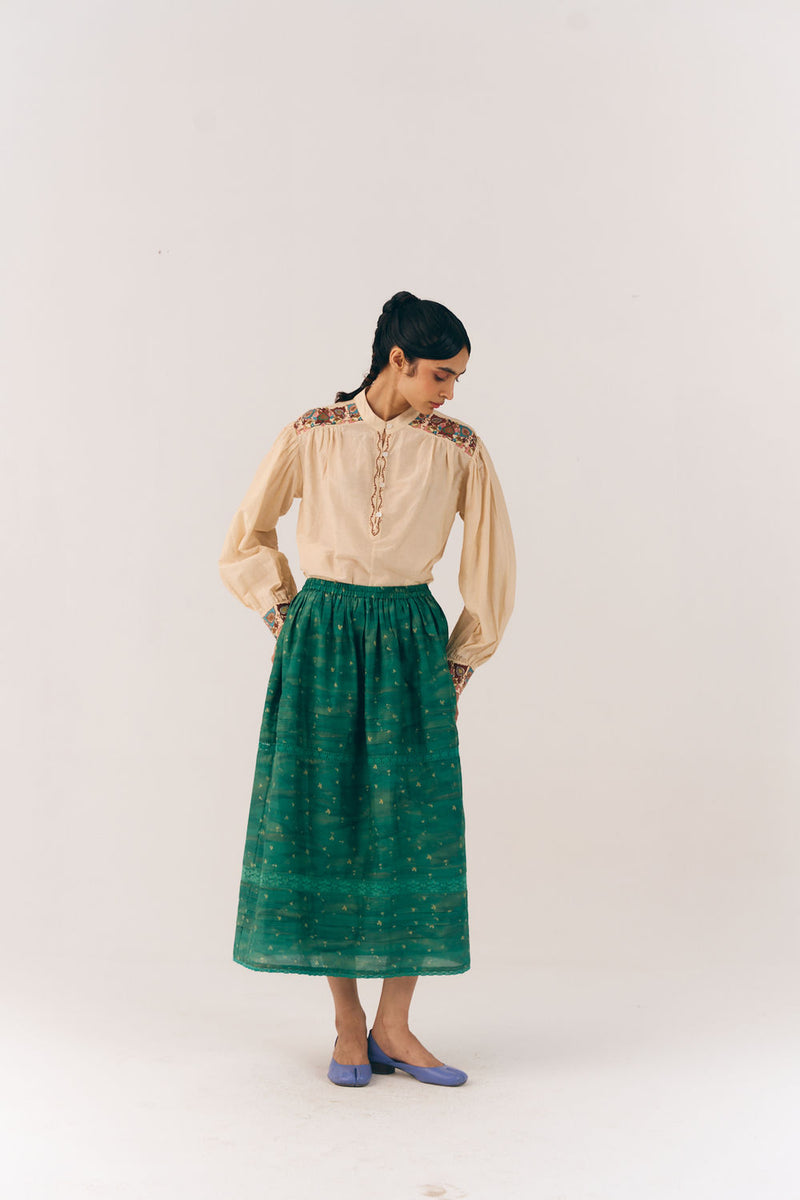Emily Skirt-Green Tex cotton silk skirt by CORD in multi-color for women Worldwide