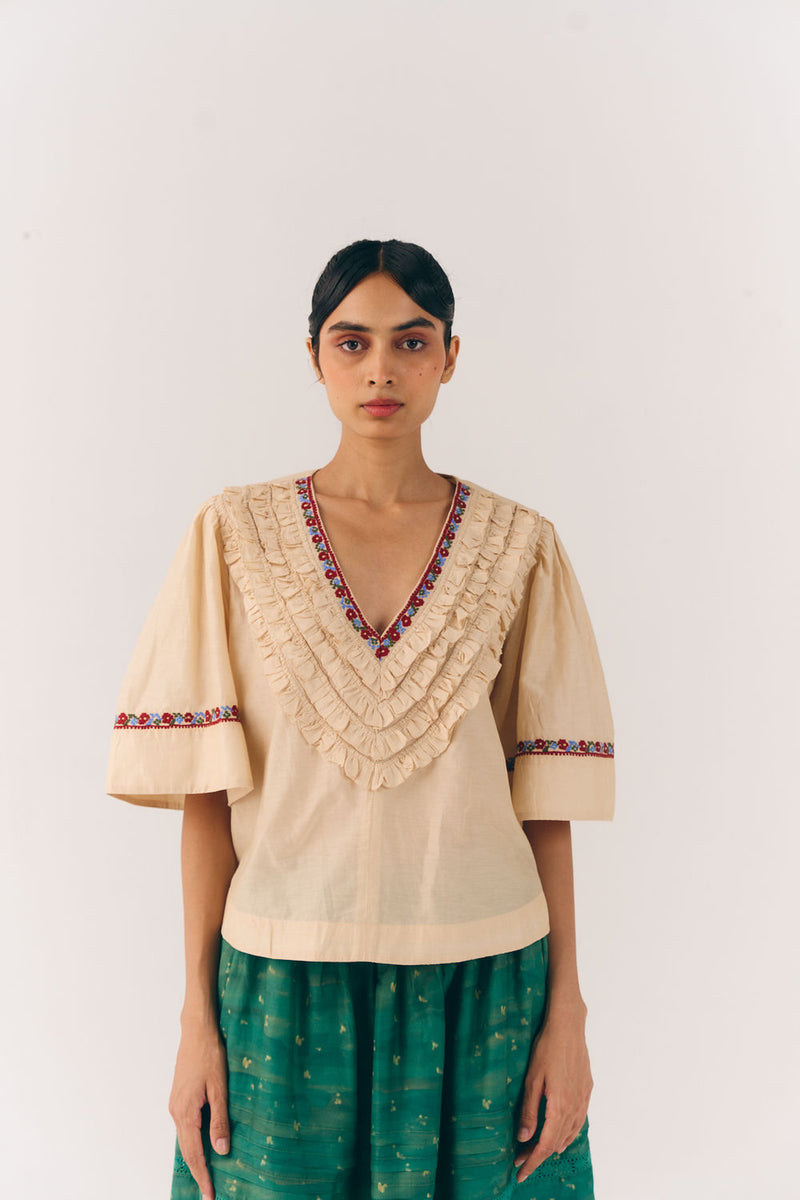 Luna Top-Ivory Floret cotton silk top and shirts by CORD in multi-color for women Worldwide