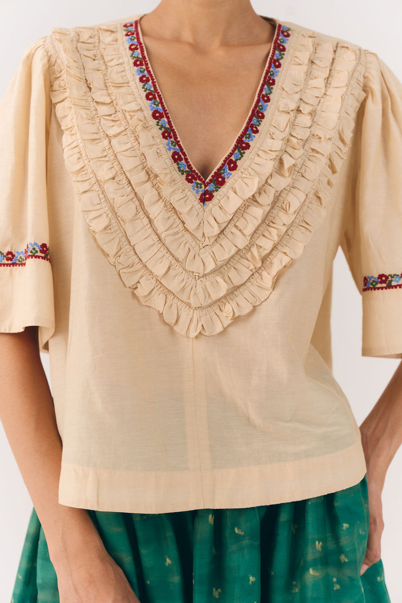 Luna Top-Ivory Floret cotton silk top and shirts by CORD in multi-color for women Worldwide