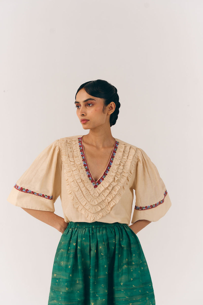Luna Top-Ivory Floret cotton silk top and shirts by CORD in multi-color for women Worldwide