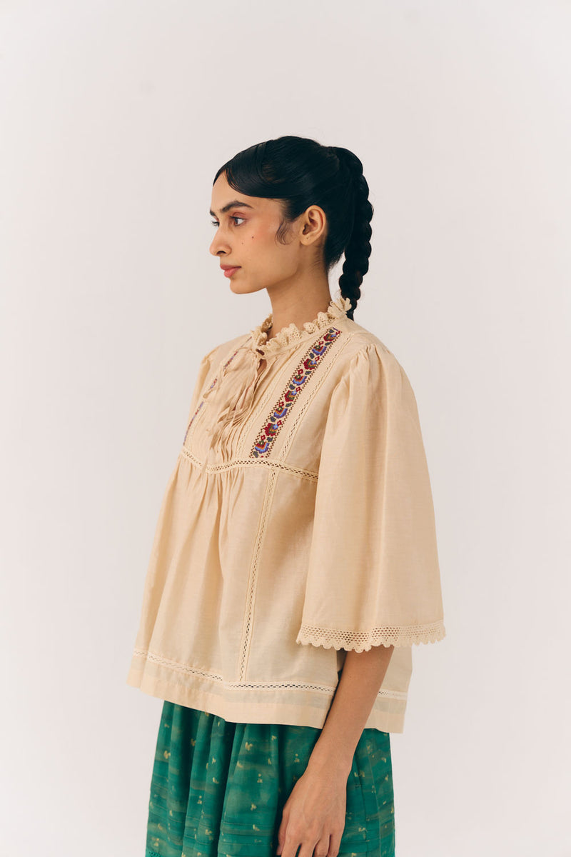 Rose Top-Ivory Floret cotton silk top and shirts by CORD in multi-color for women Worldwide
