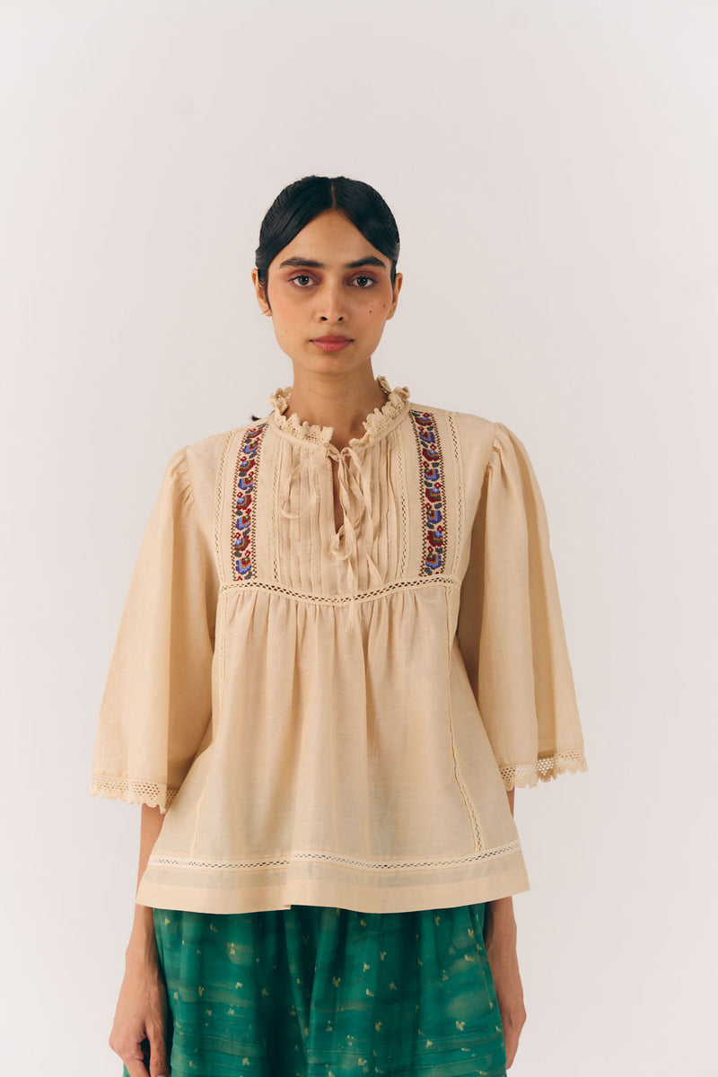 Rose Top-Ivory Floret cotton silk top and shirts by CORD in multi-color for women Worldwide