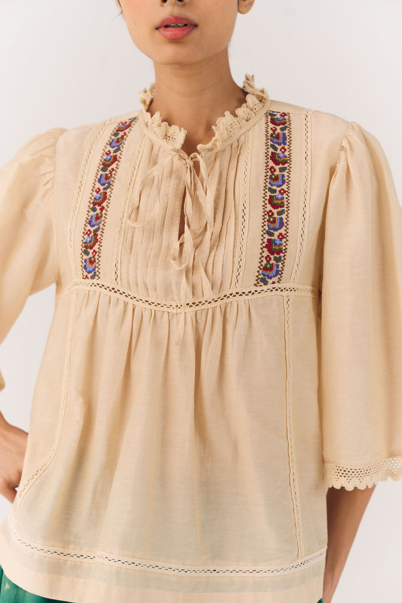 Rose Top-Ivory Floret cotton silk top and shirts by CORD in multi-color for women Worldwide