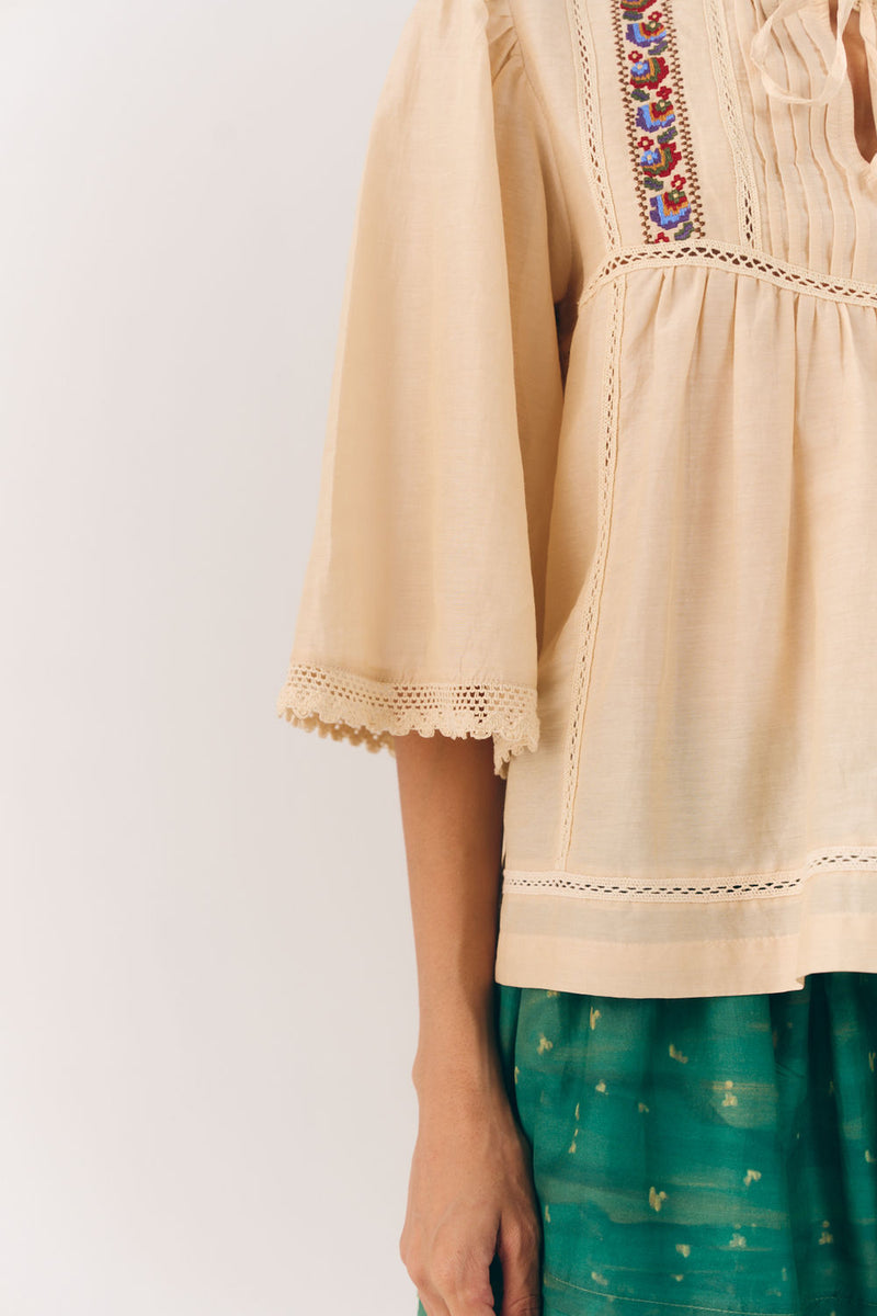 Rose Top-Ivory Floret cotton silk top and shirts by CORD in multi-color for women Worldwide