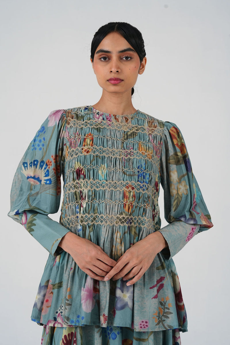 Gaia Top-Blue Floret cotton silk top and shirts by CORD in multi-color for women Worldwide
