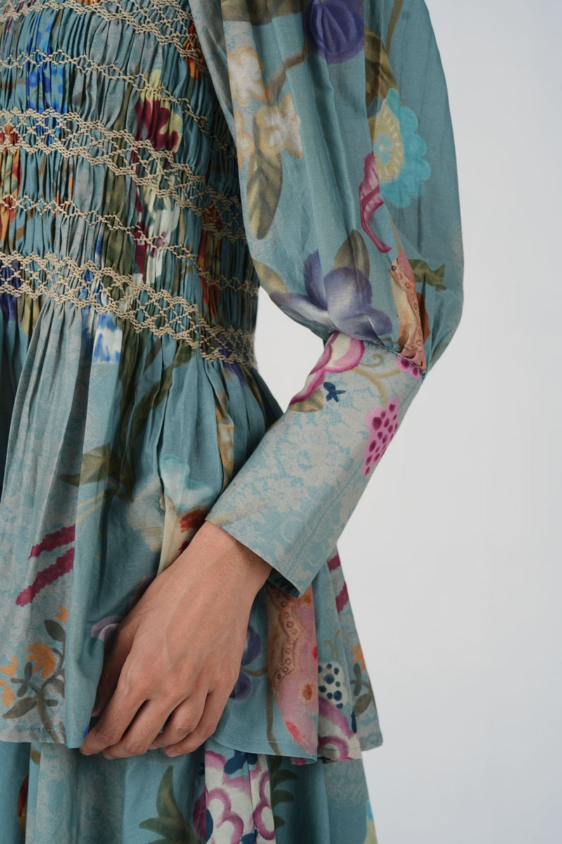 Gaia Top-Blue Floret cotton silk top and shirts by CORD in multi-color for women Worldwide