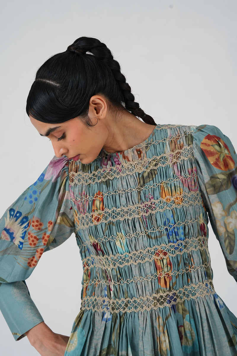 Gaia Top-Blue Floret cotton silk top and shirts by CORD in multi-color for women Worldwide