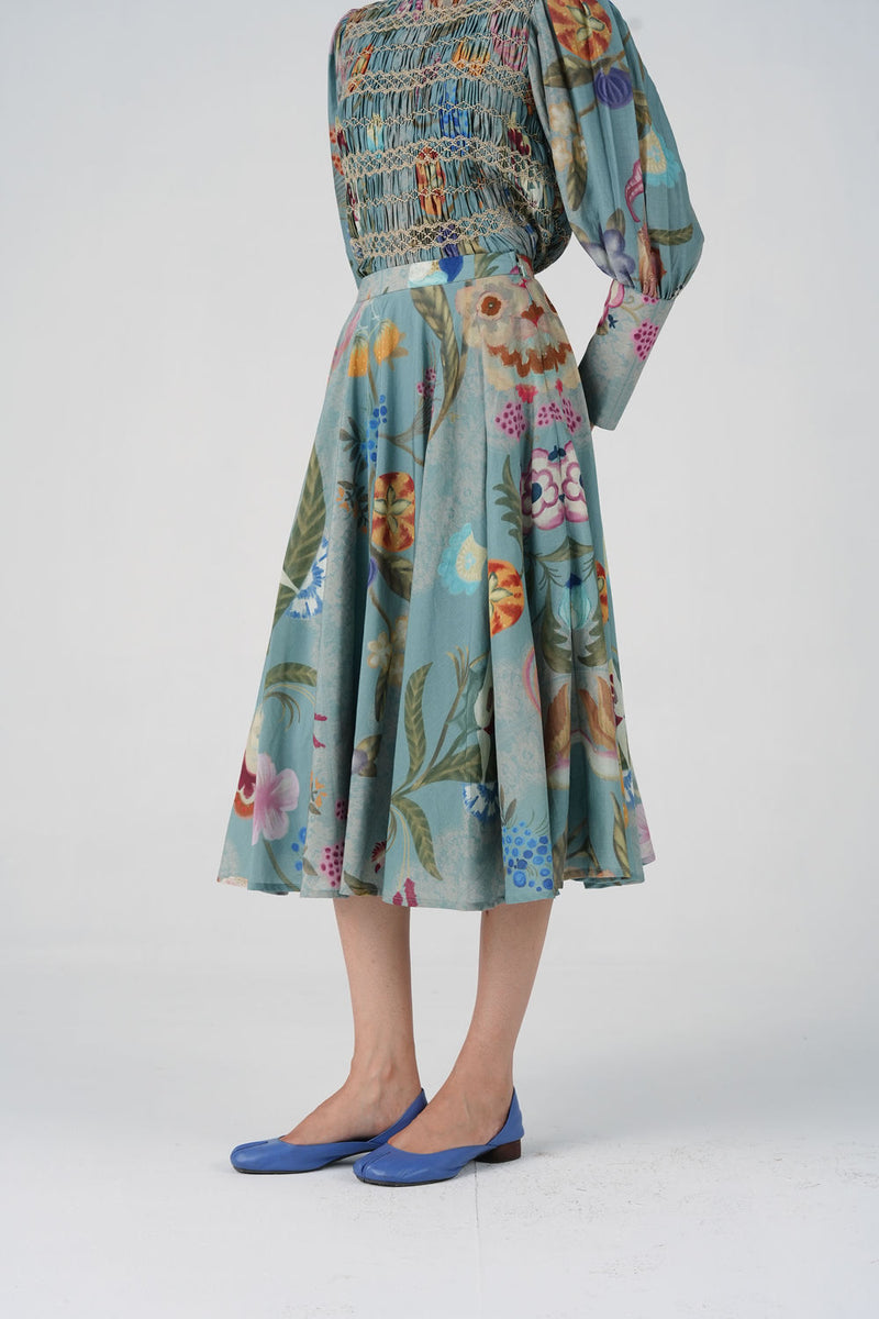Bias Skirt-Blue Floret cotton silk skirt by CORD in multi-color for women Worldwide