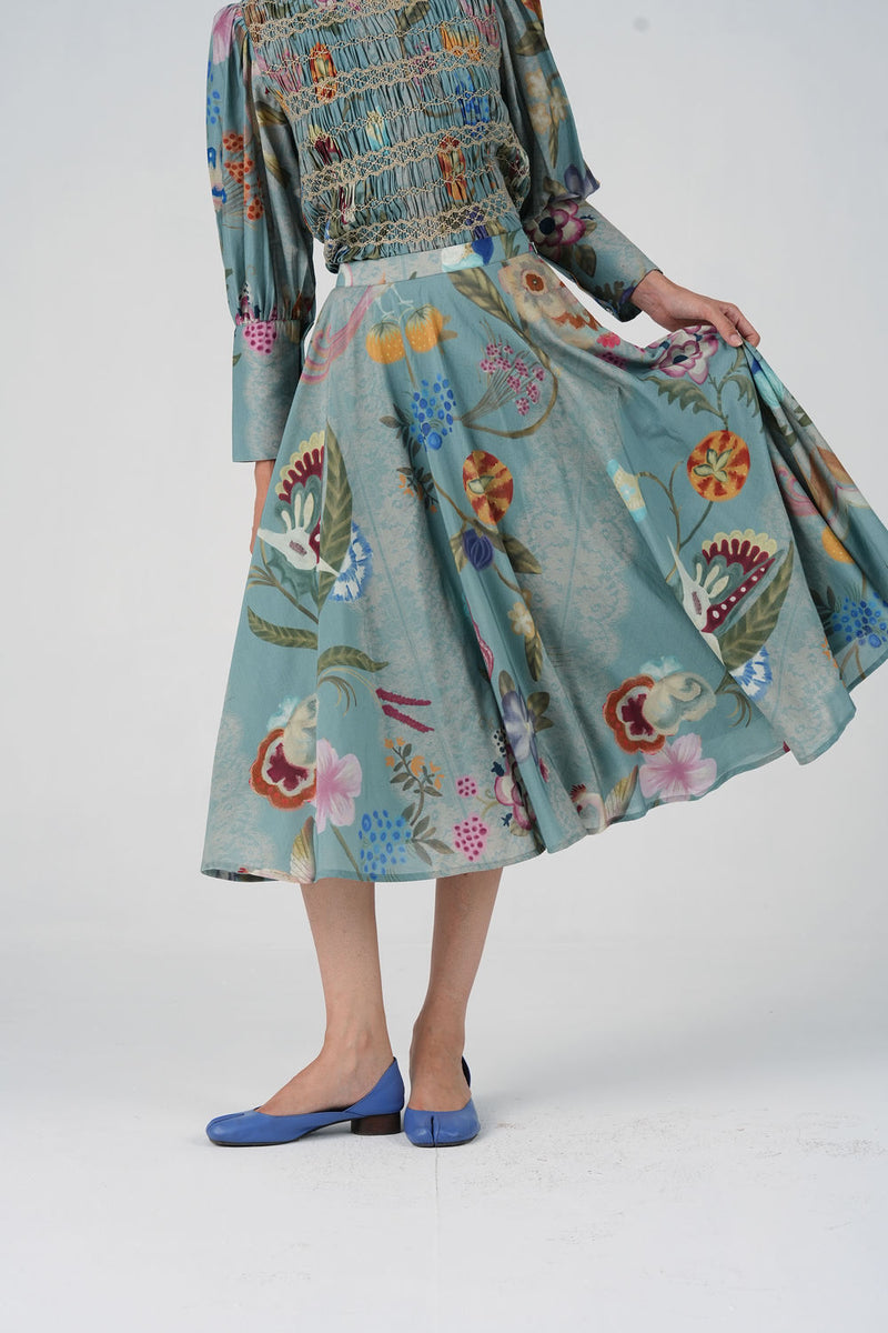 Bias Skirt-Blue Floret cotton silk skirt by CORD in multi-color for women Worldwide