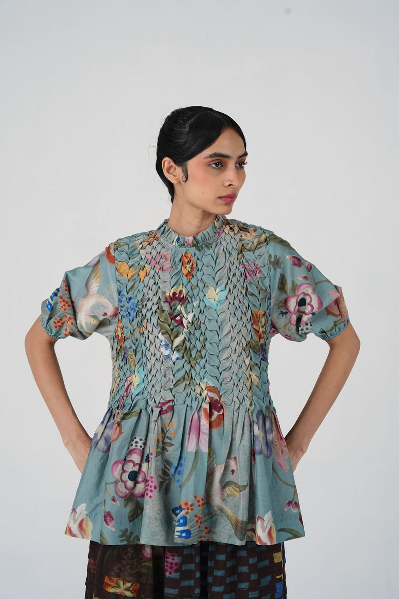 Amelia Top-Blue Floret cotton top and shirts by CORD in multi-color for women Worldwide