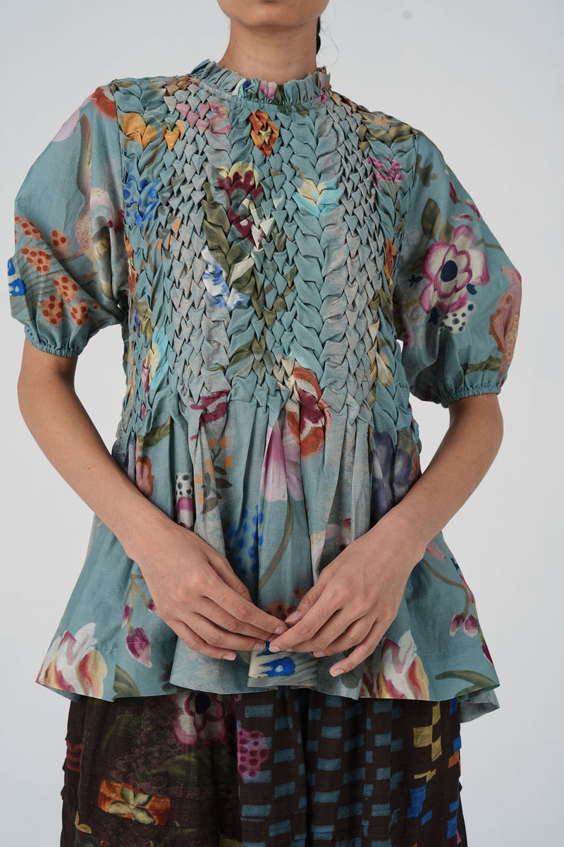 Amelia Top-Blue Floret cotton top and shirts by CORD in multi-color for women Worldwide