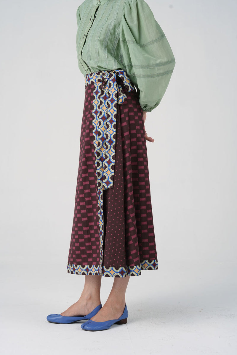 Wrap Skirt-Brown Checks cotton satin skirt by CORD in multi-color for women Worldwide