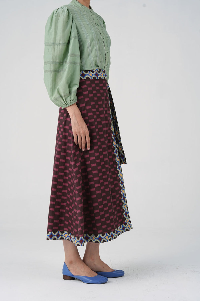 Wrap Skirt-Brown Checks cotton satin skirt by CORD in multi-color for women Worldwide