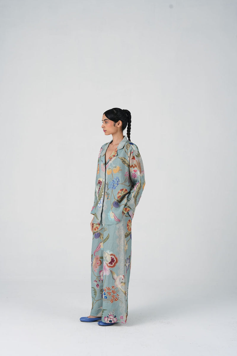 Lounge Set-Blue Floret linen co-ord set by CORD in multi-color for women Worldwide