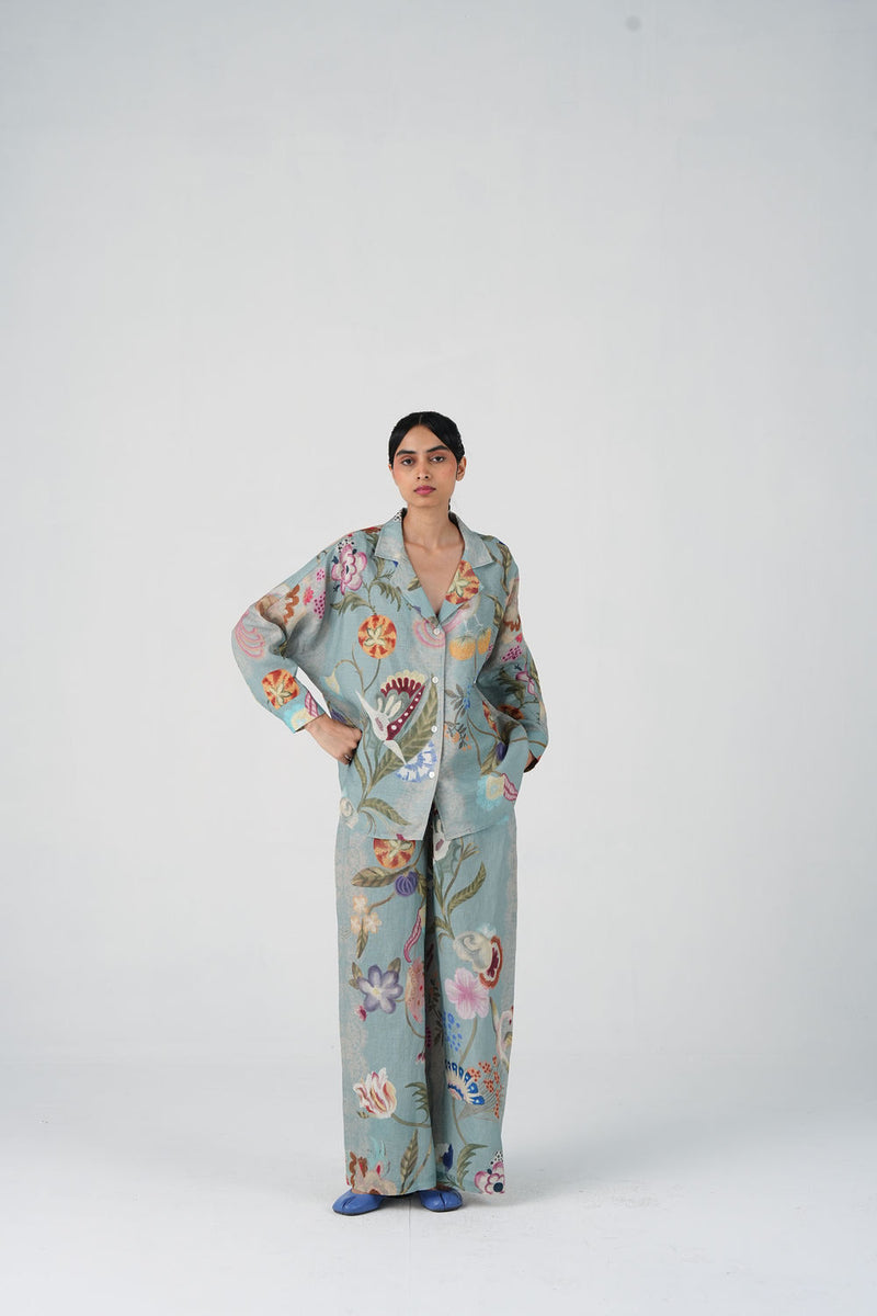 Lounge Set-Blue Floret linen co-ord set by CORD in multi-color for women Worldwide