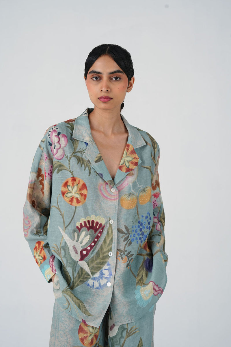 Lounge Shirt-Blue Floret linen top/shirt by CORD in multi-color for women Worldwide